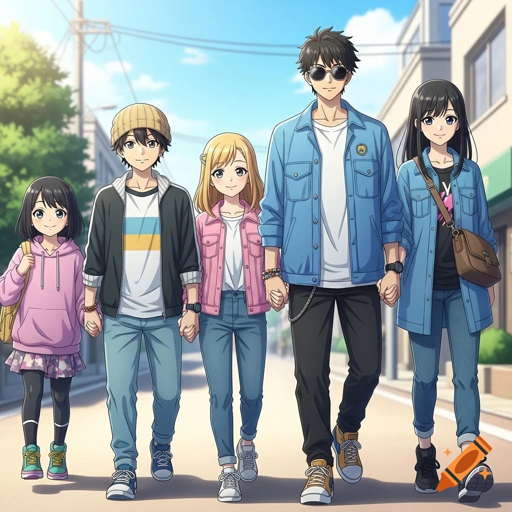 Five animated-style children and teenagers walk hand-in-hand down a sunny street, smiling. They wear trendy casual clothes.