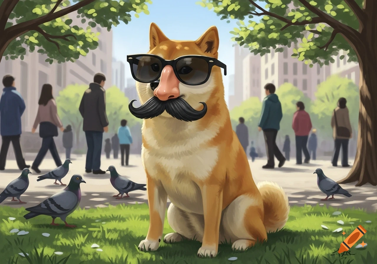A shiba inu dog wearing sunglasses, a fake nose, and a mustache sits in a park with pigeons and blurred people in the background, cartoon style.