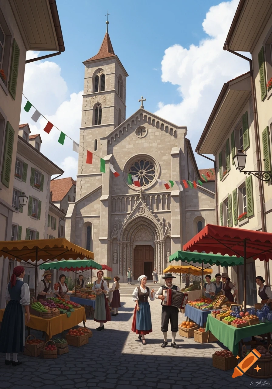 A bustling Italian market scene in a European town square, with vendors selling produce, people in traditional attire, and an accordion player, all in front of a grand church decorated with Italian flags.