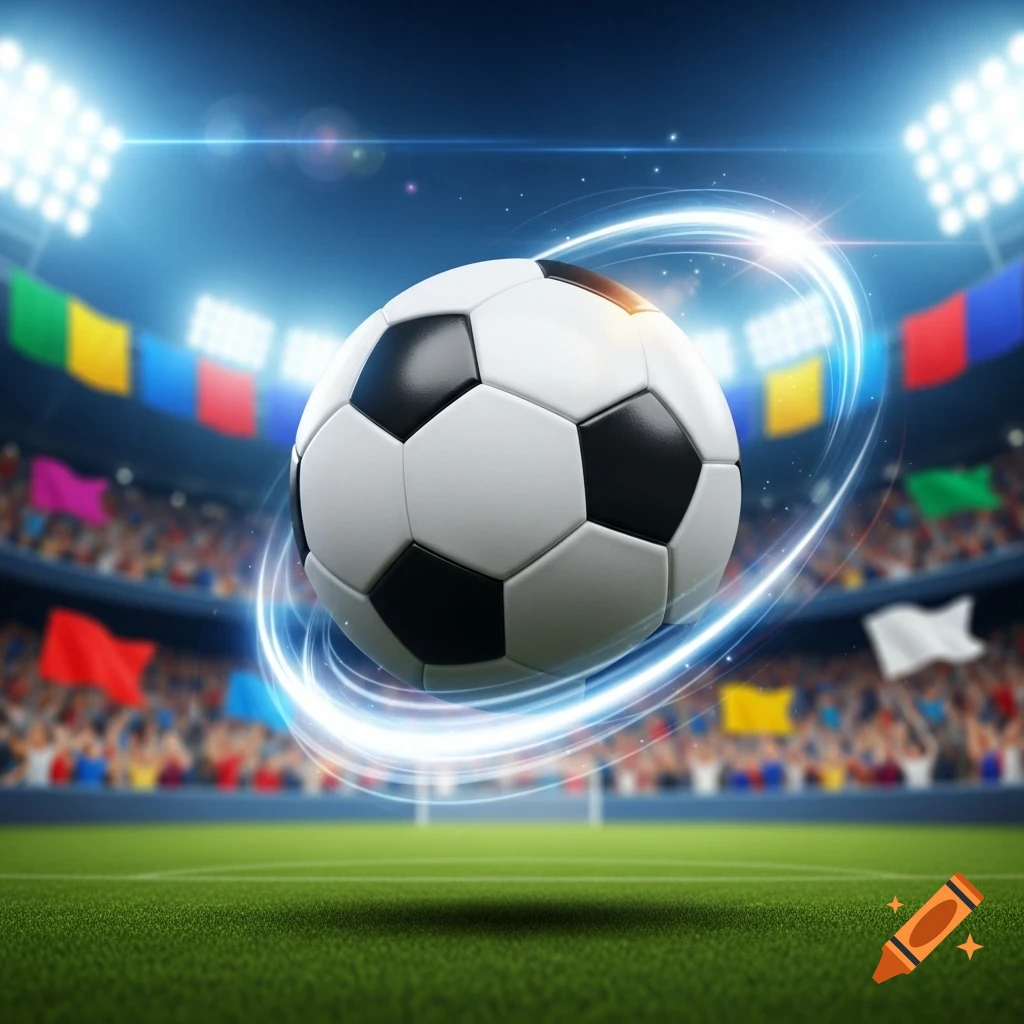 Photorealistic soccer ball with glowing light trails floating over a green stadium field under bright lights.
