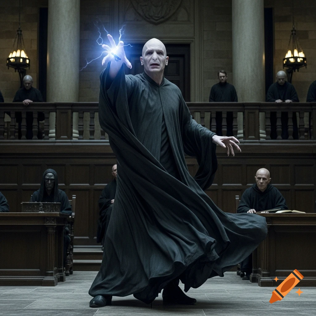 Photorealistic image of Voldemort in a dark robe, casting a blue lightning spell in a grand courtroom while robed figures watch.