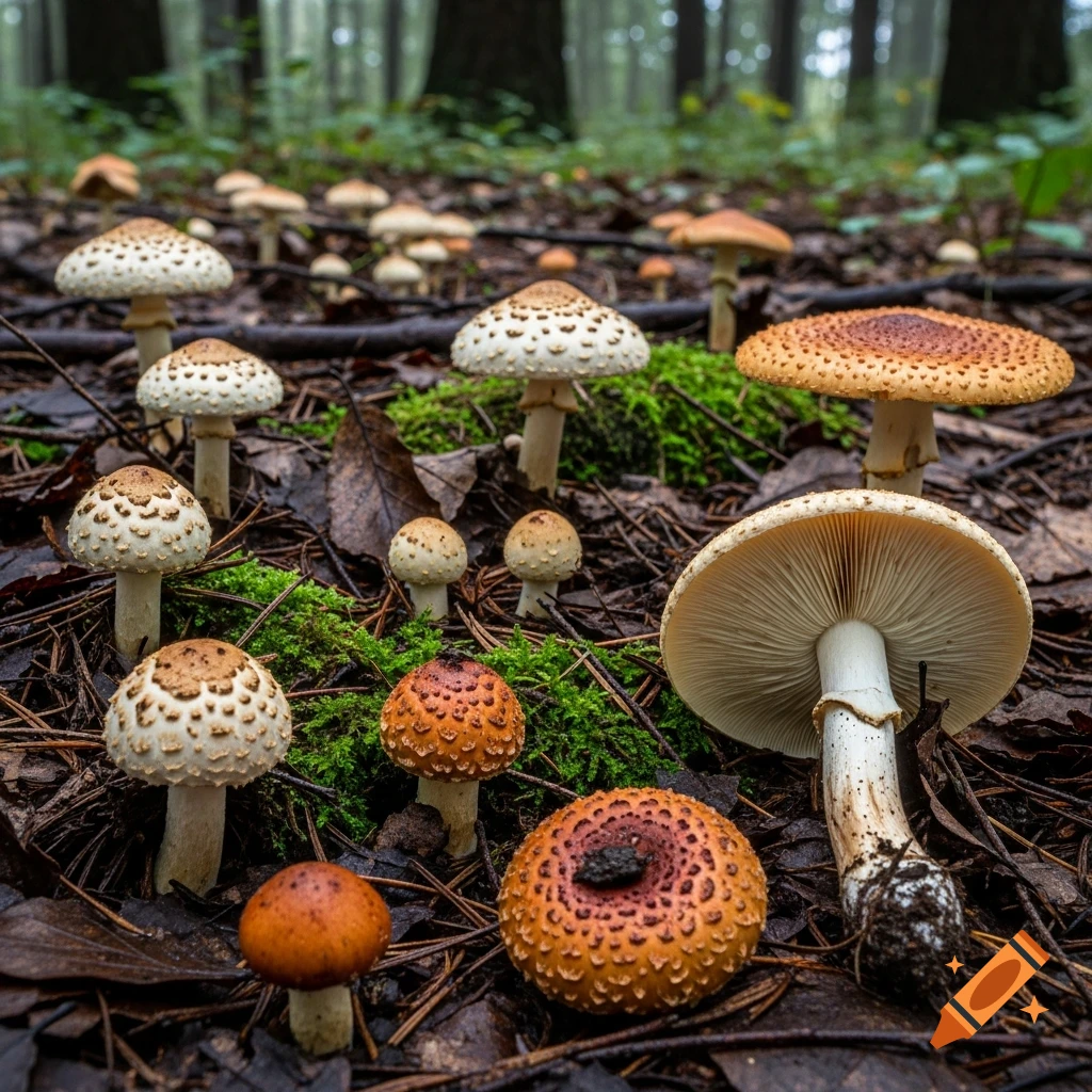 Close-up photorealistic shot of various wild mushrooms with patterned caps and visible gills, growing on a mossy forest floor amidst fallen leaves and pine needles, with blurred trees in the background.