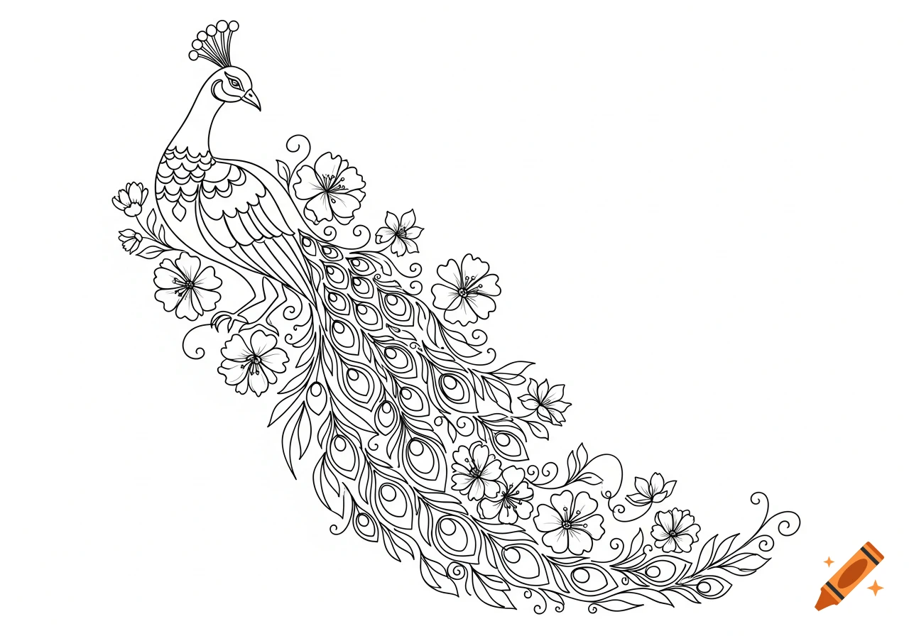 Line art drawing of a peacock with an ornate, flowing tail adorned with flowers and swirling vines.
