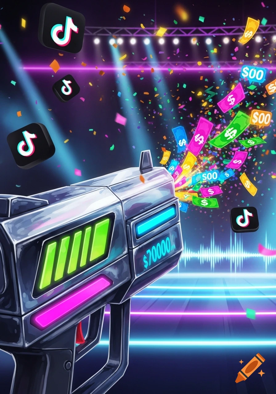 Stylized money gun shooting colorful banknotes, confetti, and TikTok logos on a neon-lit stage.