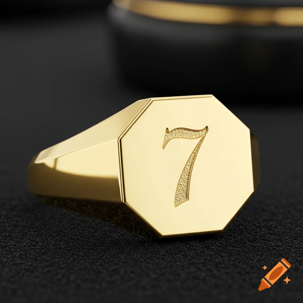 A close-up of a shiny gold signet ring with an octagonal face, engraved with a textured number 7, on a dark background.
