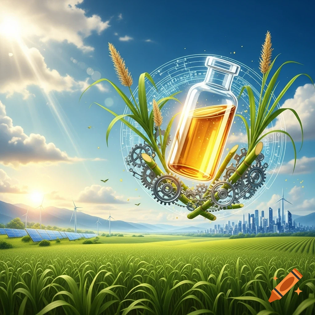 A transparent bottle of golden liquid, surrounded by sugarcane, gears, and a blueprint overlay, set in a field with solar panels, wind turbines, and a distant city under a sunny sky.