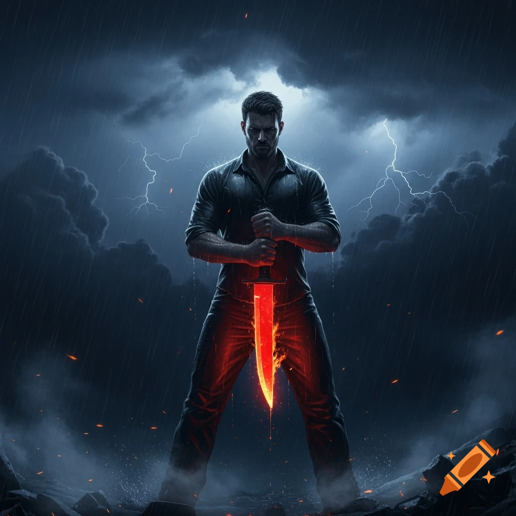 A man stands in the rain on a dark, stormy night, holding a glowing red knife that illuminates his body.