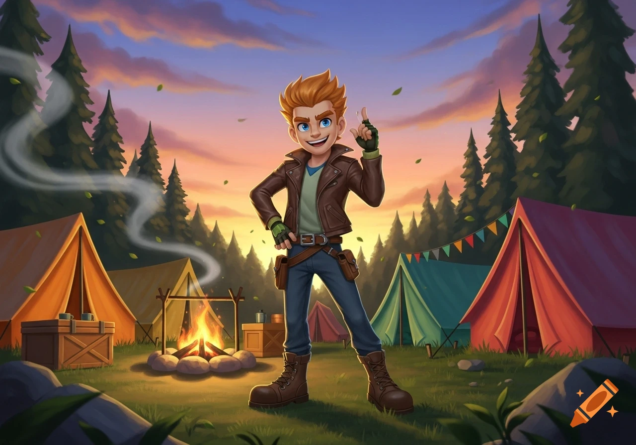 Cartoon illustration of a smiling boy with spiky red hair in a brown jacket at a campsite with tents and a campfire at sunset.