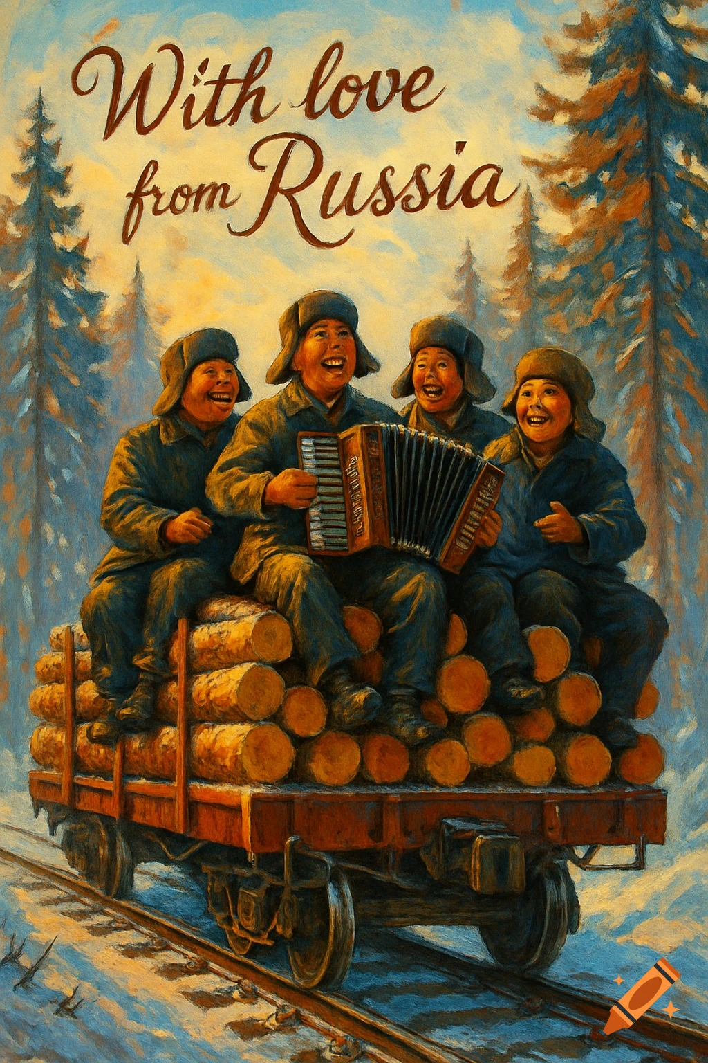 Oil painting of four men in winter hats playing an accordion on a log wagon in a snowy forest. Text reads 'With love from Russia'.