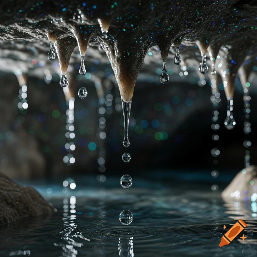 Photorealistic close-up of water droplets falling from sparkling cave stalactites into a rippling pool below.