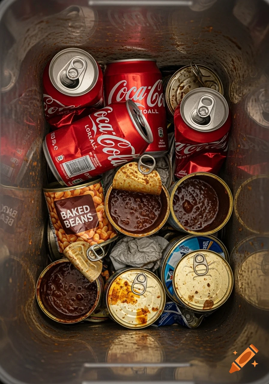 Top-down view of a dirty trash bin filled with squashed red Coca-Cola and baked beans cans, appearing photorealistic.
