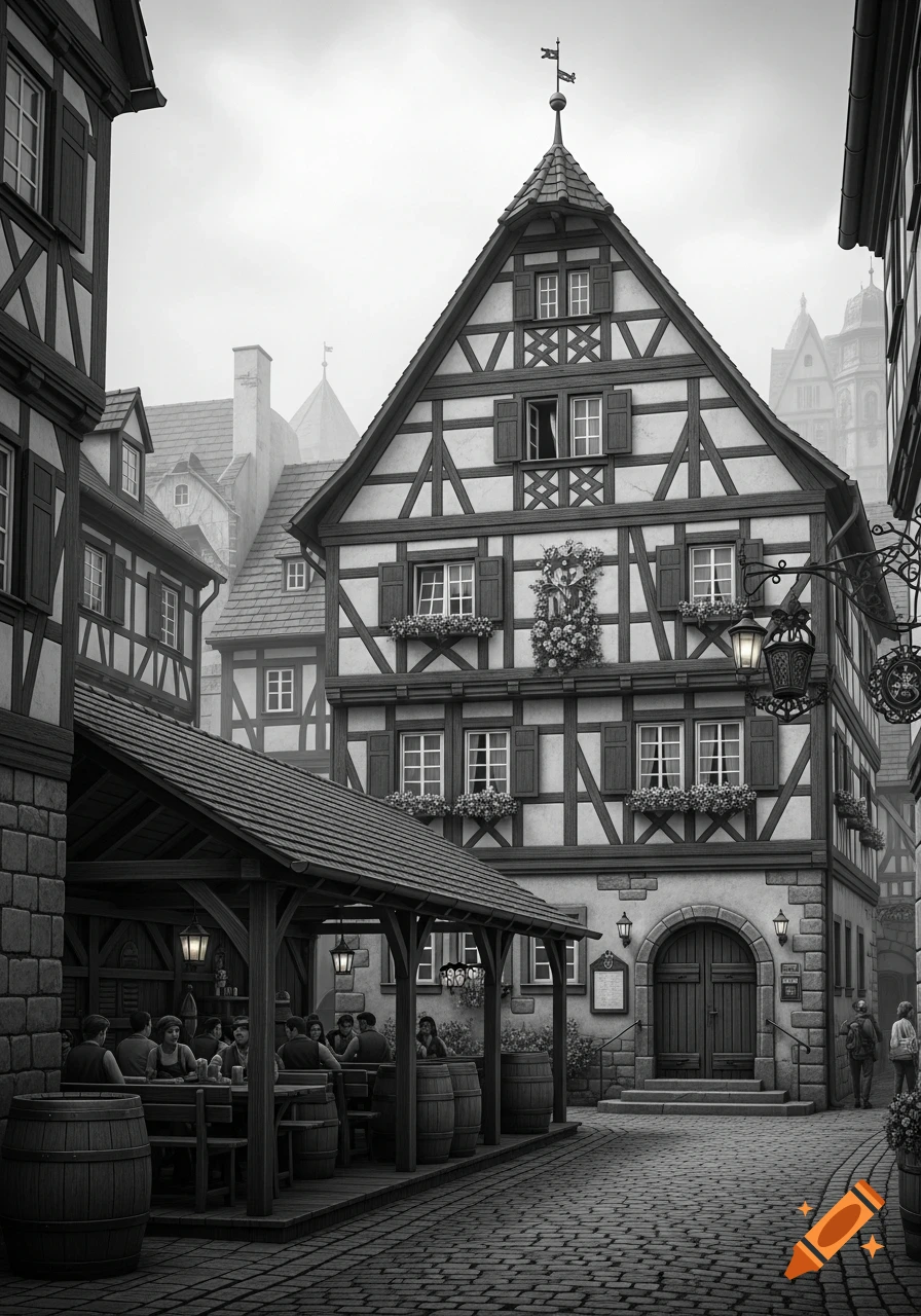 Black and white street view of a medieval European town with half-timbered buildings, a cobblestone street, and an outdoor cafe.