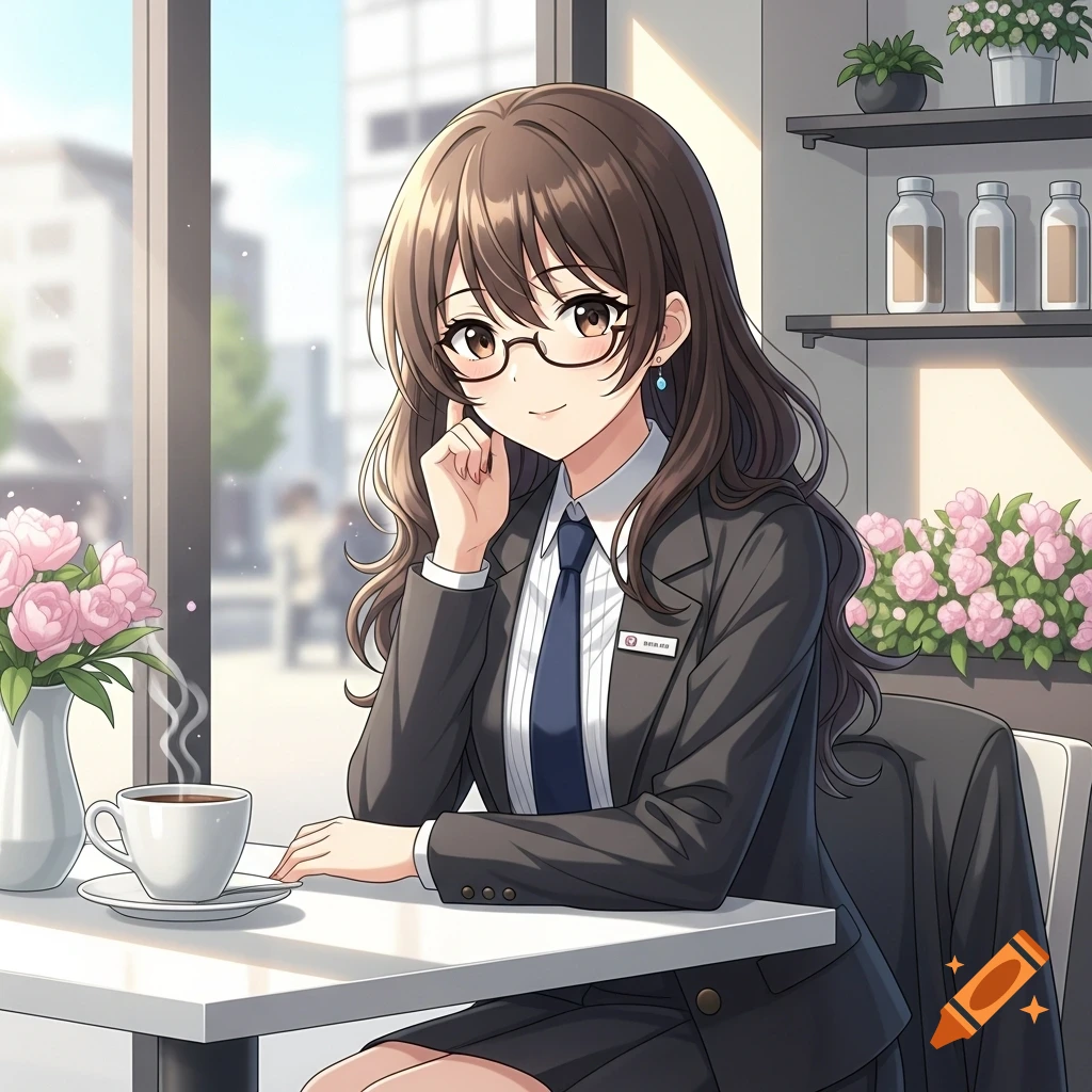 A cute brunette anime girl in glasses and a business suit sits at a cafe table with coffee and flowers.