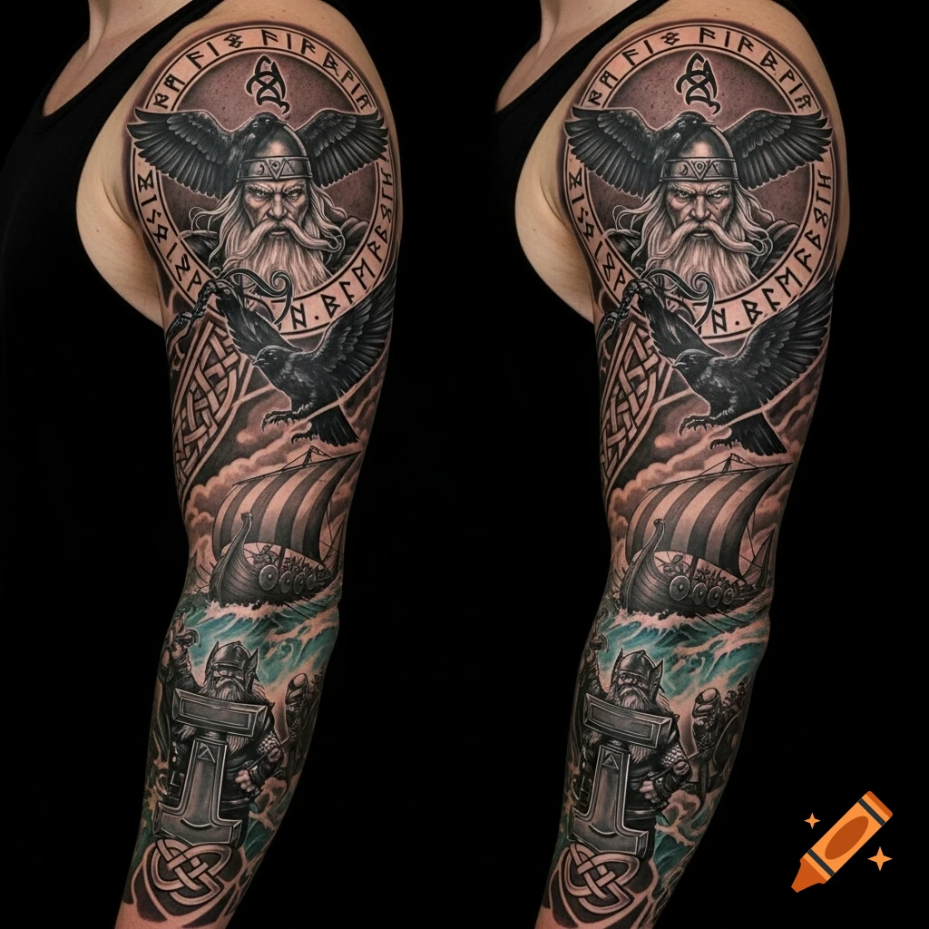 A detailed full sleeve Viking tattoo on an arm, featuring Odin, ravens, a longship at sea, and Thor with his hammer.