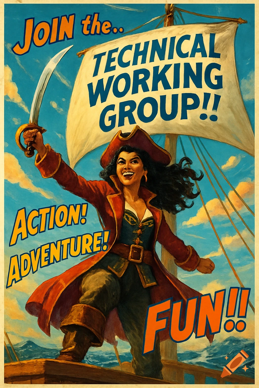 A vintage-style poster features a smiling female pirate in a red coat holding a sword aloft on a ship deck, under a sail with 'TECHNICAL WORKING GROUP!!' text. Blurbs say 'Action! Adventure! FUN!!'