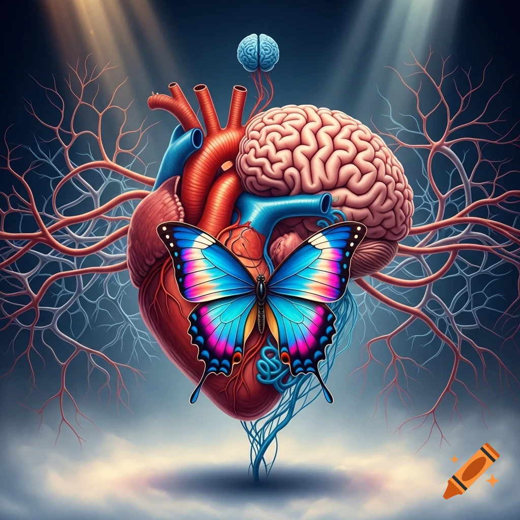 A vibrant butterfly rests on a stylized human heart, connected to a brain and intricate vascular system under rays of light.