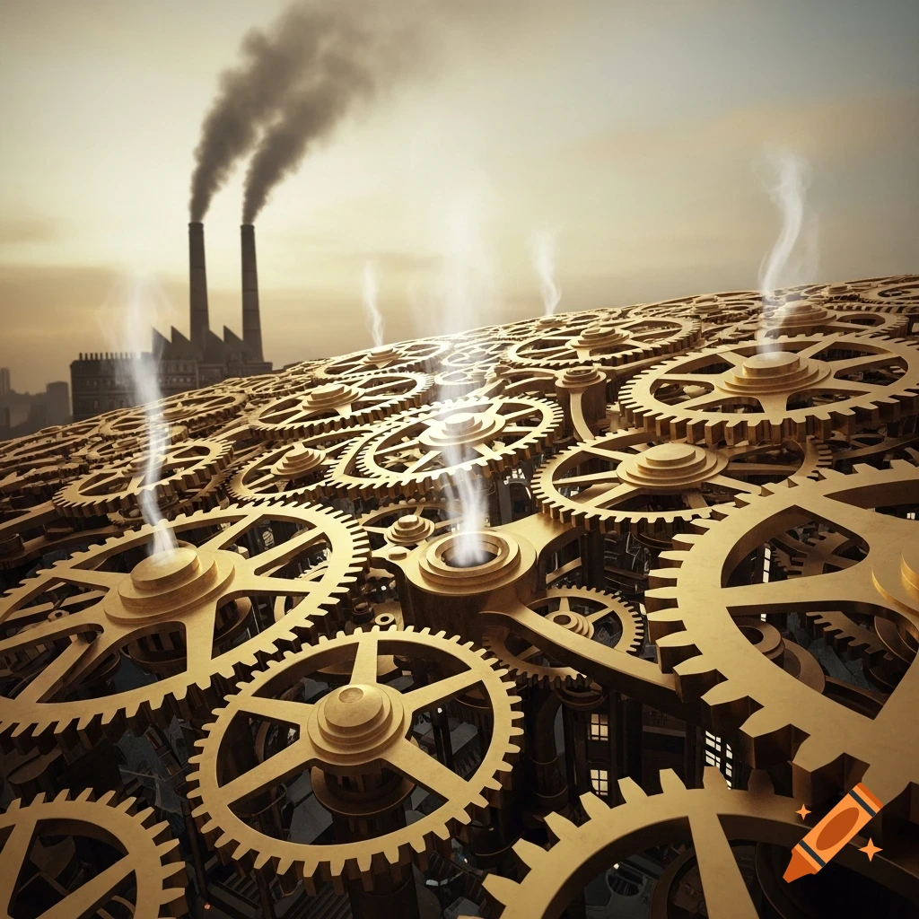A steampunk landscape with numerous golden gears covering a curved surface, smoke rising from some of them, and industrial chimneys in the background.