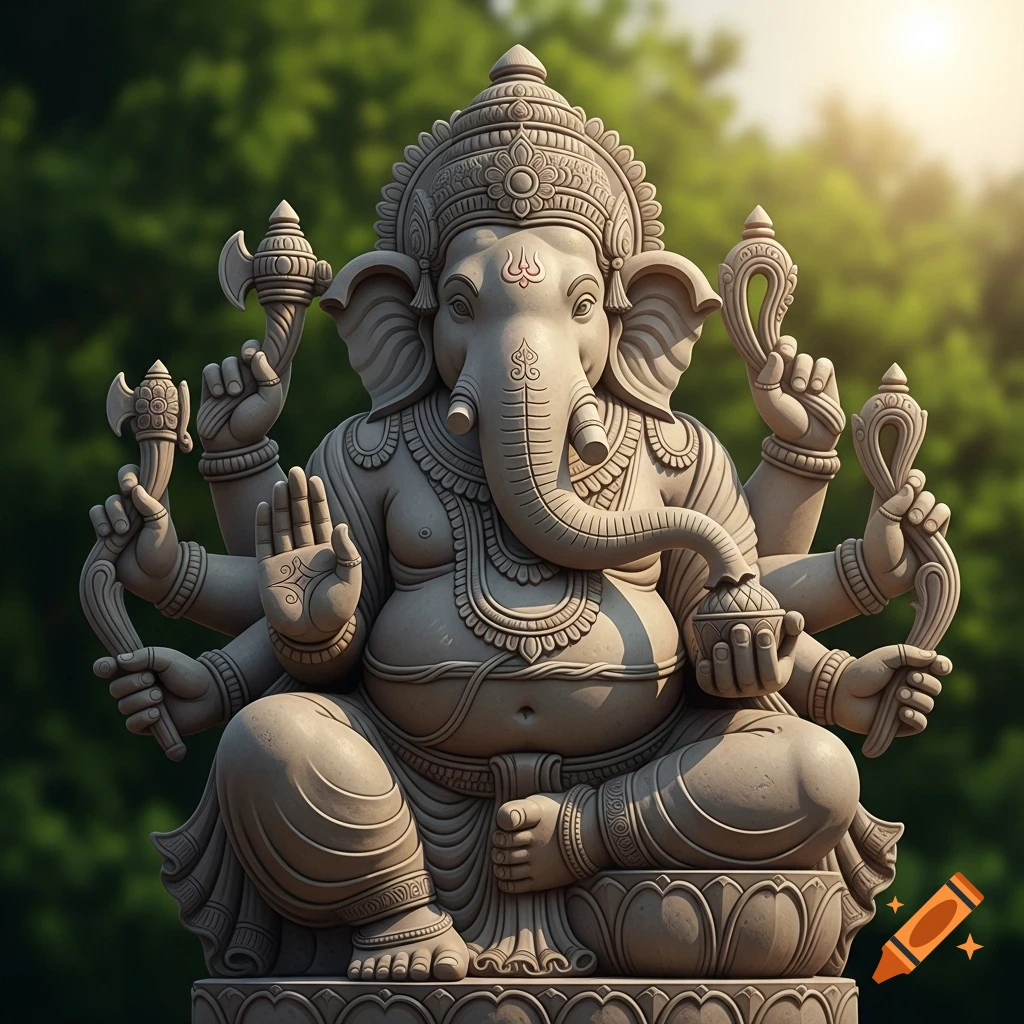 Detailed stone sculpture of the Hindu deity Ganesha with an elephant head and multiple arms, against a blurred green background.