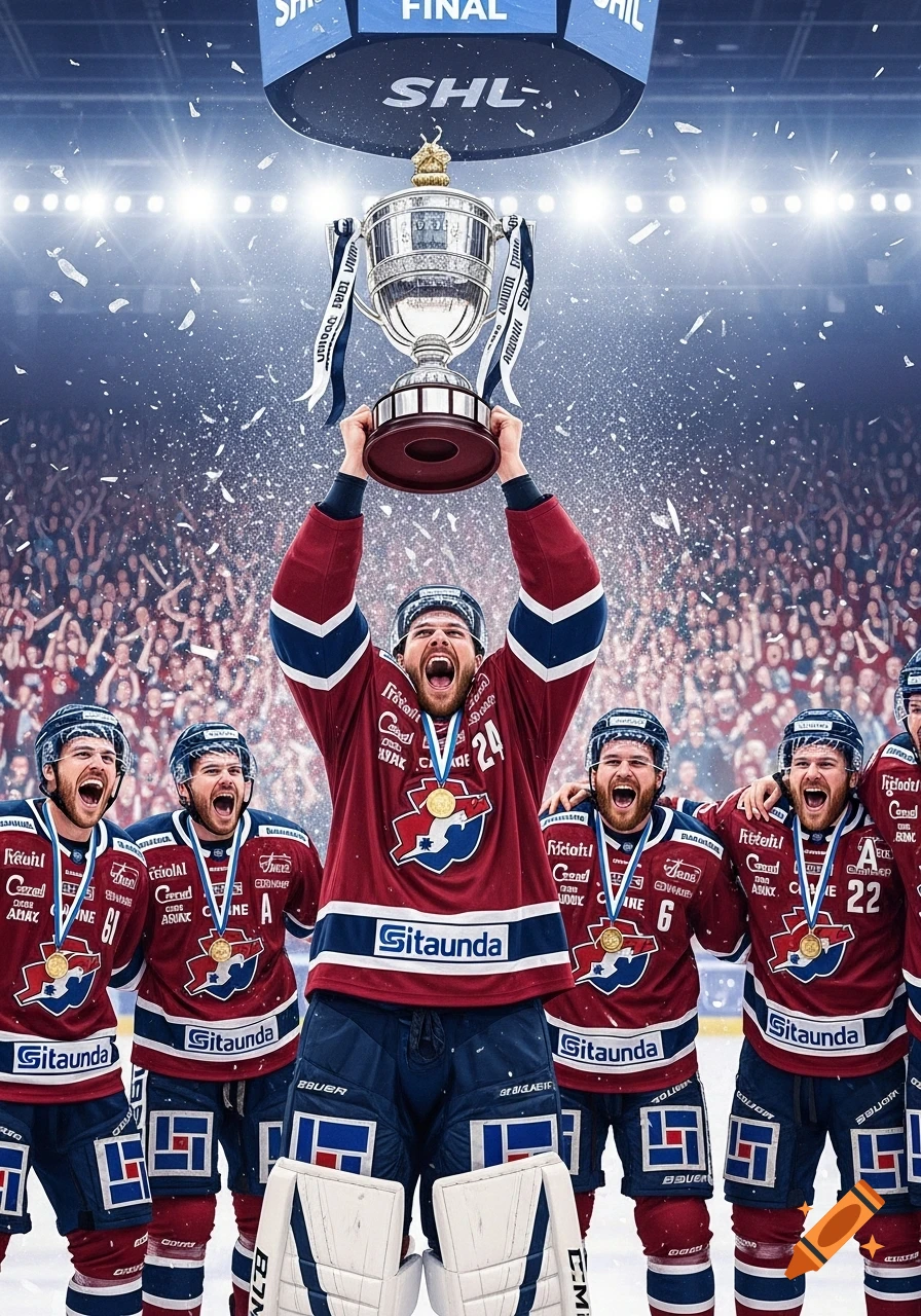 Hockey players in red and blue uniforms celebrate winning the SHL final, lifting a large trophy amidst confetti in a packed arena.
