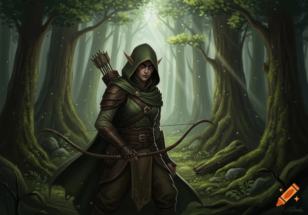 A hooded wood elf archer with a bow stands in a lush forest with light filtering through the trees.