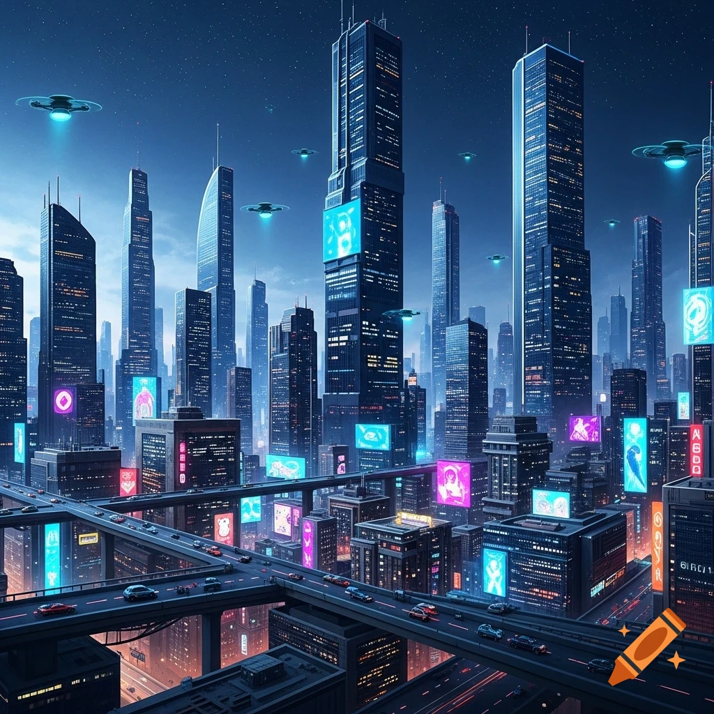 Futuristic cityscape at night with illuminated skyscrapers, elevated highways, and flying vehicles under a starry sky.