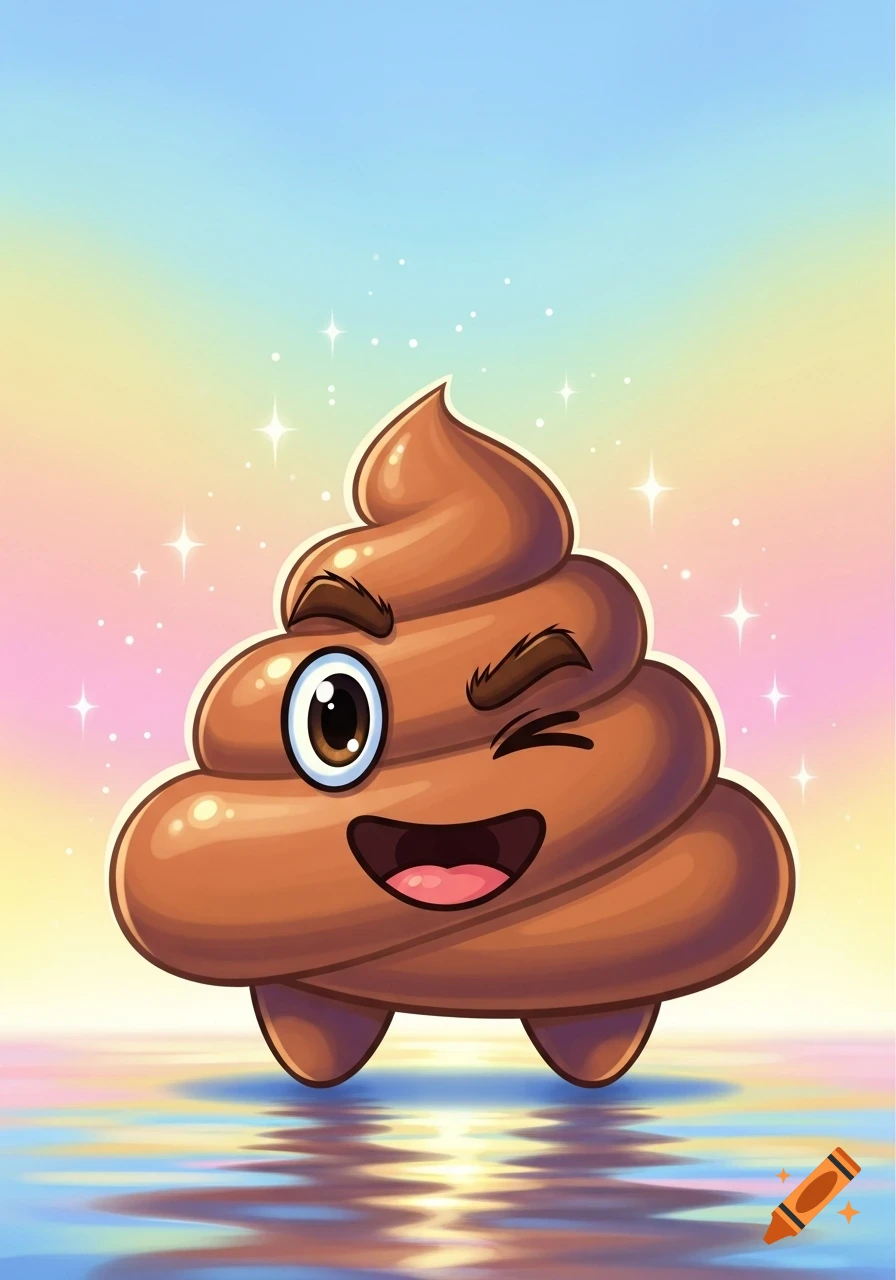 A cute, winking cartoon poop emoji with a happy face on a reflective surface, against a sparkling pastel rainbow background.