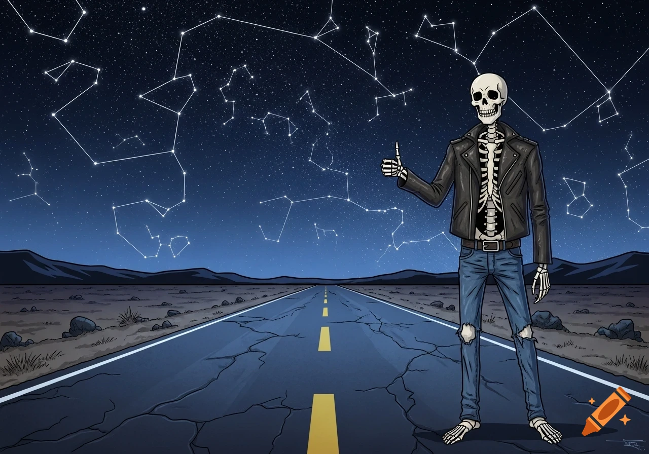 A cartoon skeleton in a leather jacket and ripped jeans stands on a desert road under a starry night sky, giving a thumbs-up.