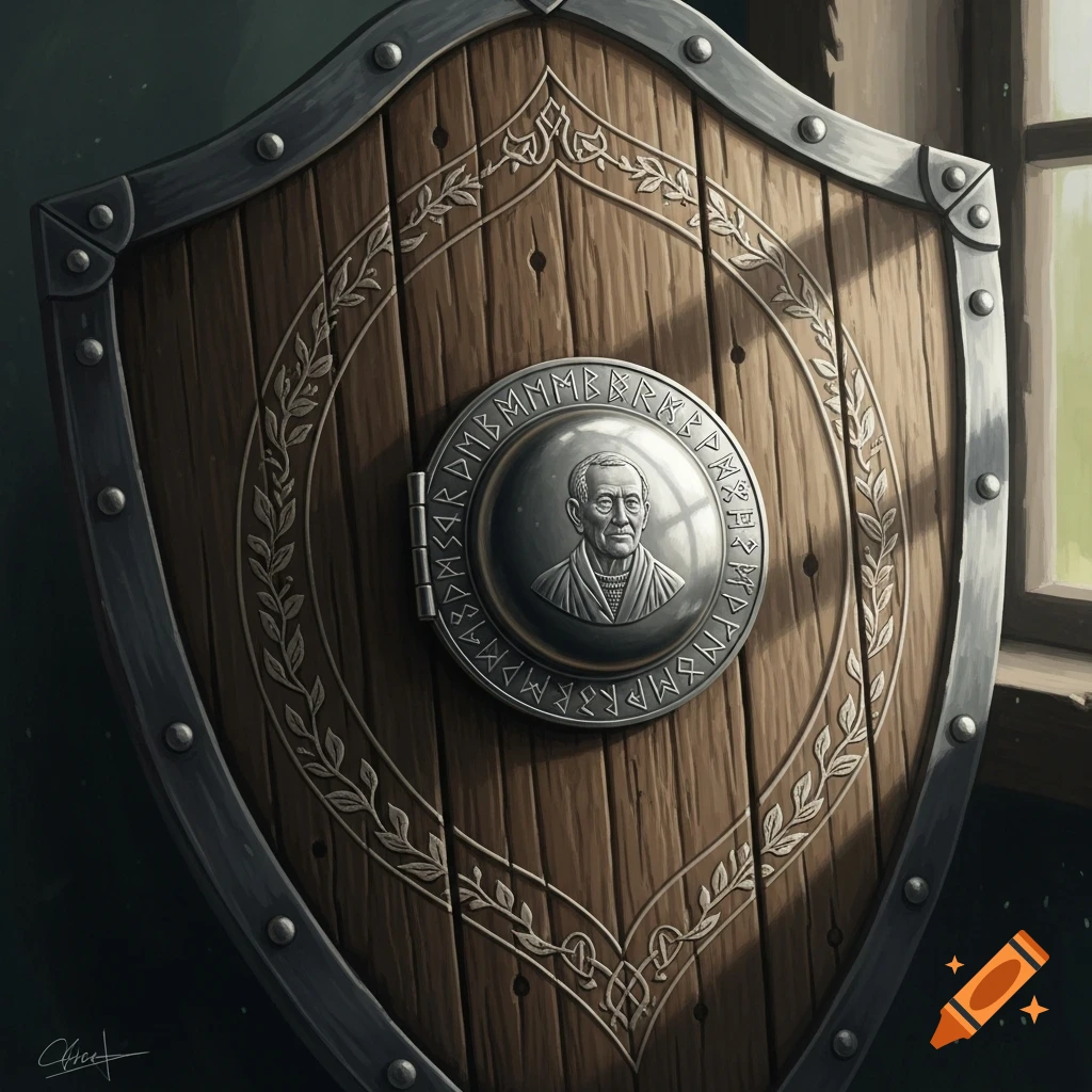 A detailed wooden shield with metal trim features a silver locket depicting an older man, surrounded by runic symbols.