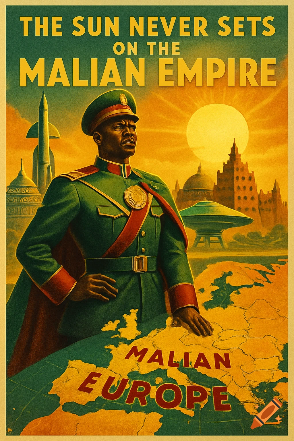 Vintage Afrofuturist propaganda poster of a Black general in a green uniform over a map of Europe, with text: 'The Sun Never Sets on the Malian Empire'.