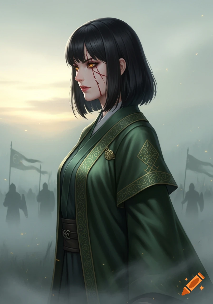 Anime woman with black hair, golden eyes, and red facial marks, wearing a dark green warlord robe, on a misty battlefield.