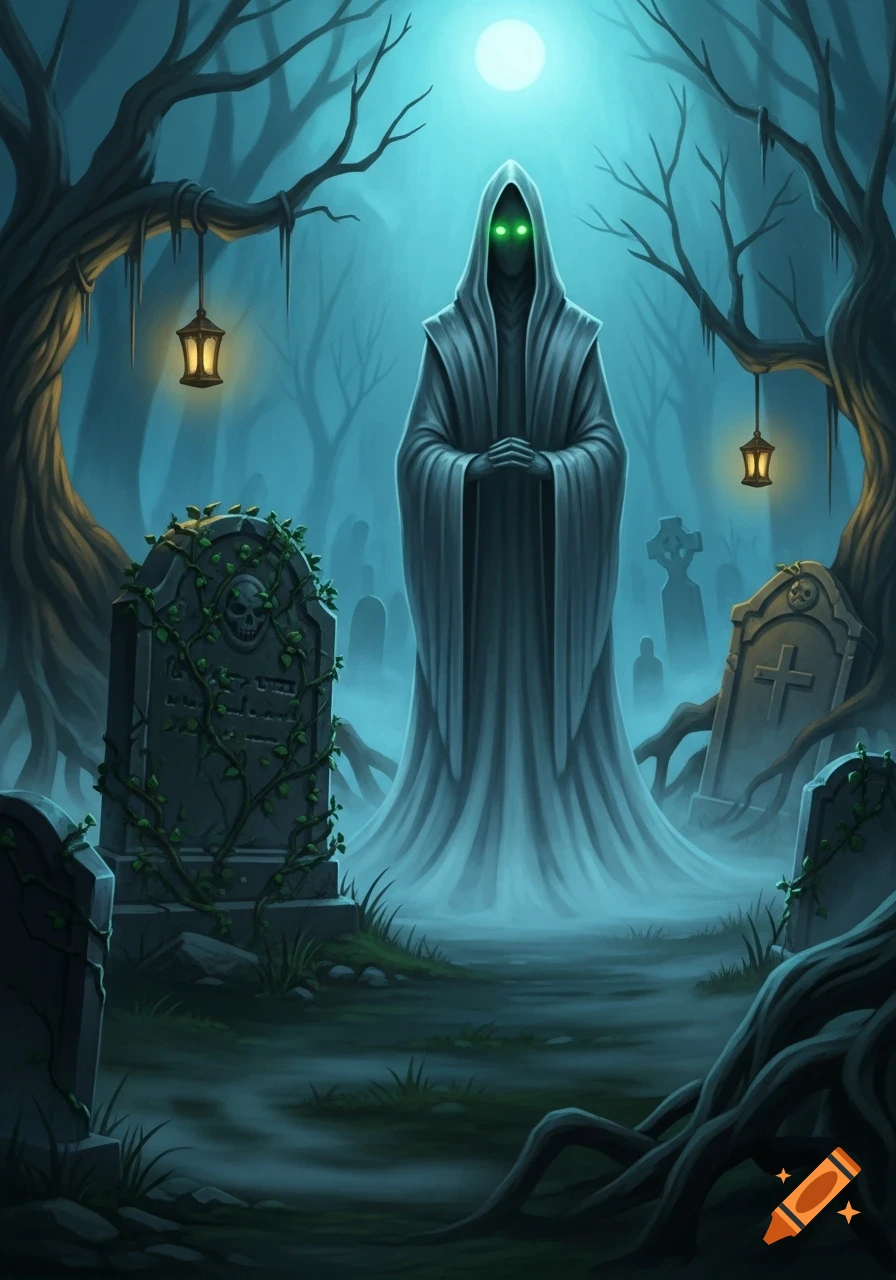 A spectral hooded figure with glowing green eyes stands in a misty graveyard with ancient gravestones and trees under a full moon, digital art.
