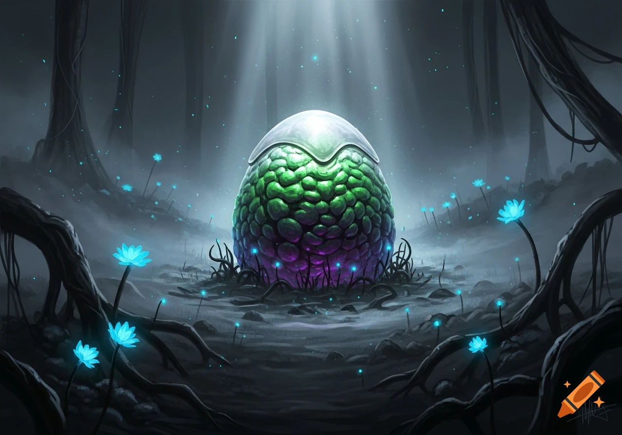 A large, textured green and purple alien egg glows amidst luminous blue flowers and gnarled roots in a dark, misty forest, digital painting style.