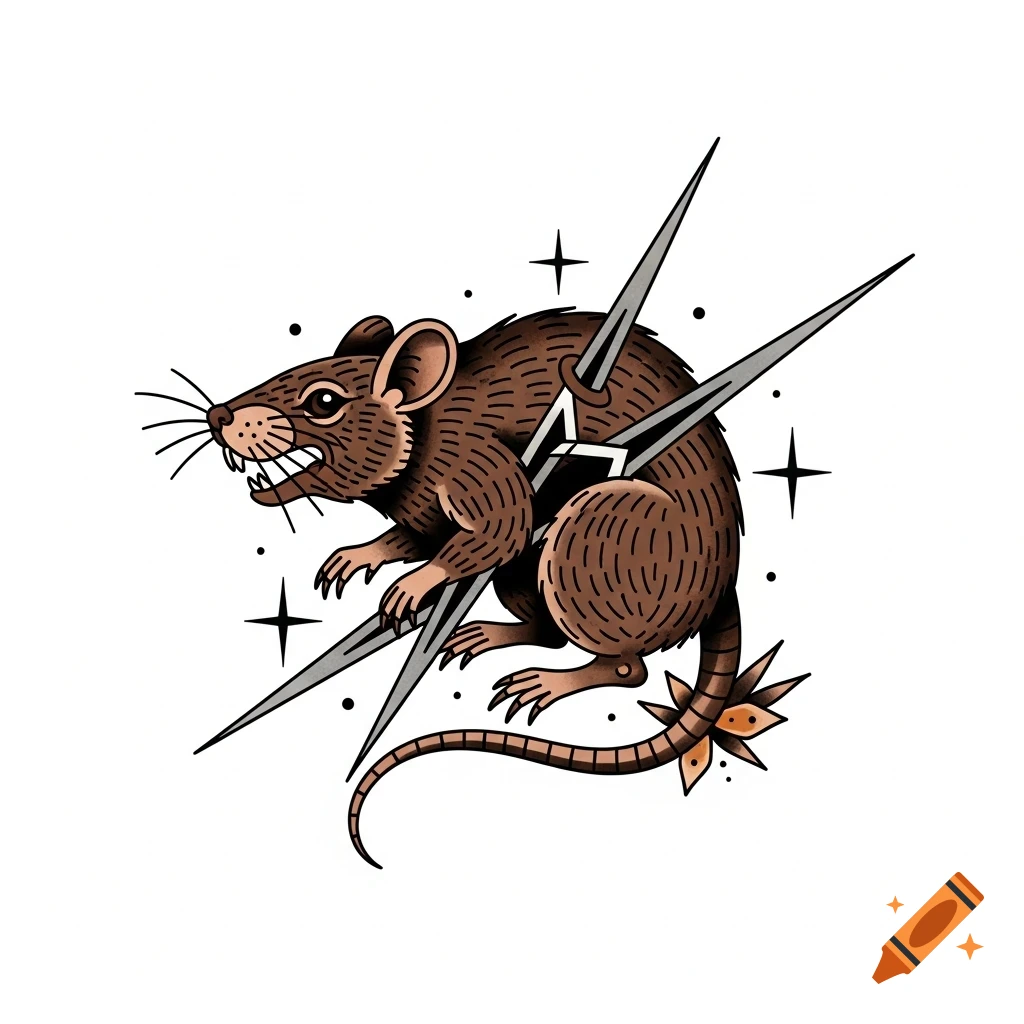 An American traditional tattoo style illustration of a fierce brown rat pierced with three sharp spikes, with decorative stars.