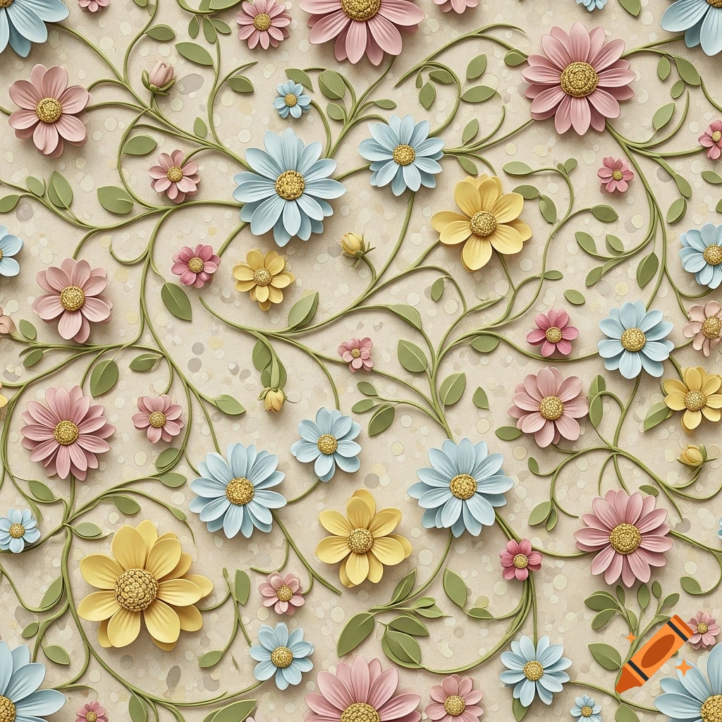 A seamless 3D pattern featuring pastel pink, blue, and yellow flowers with green vines on a textured beige background.