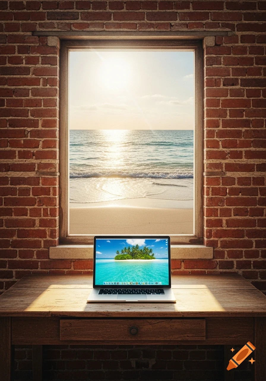 A laptop on a wooden desk with a window view of a sunny beach and a tropical island on its screen.