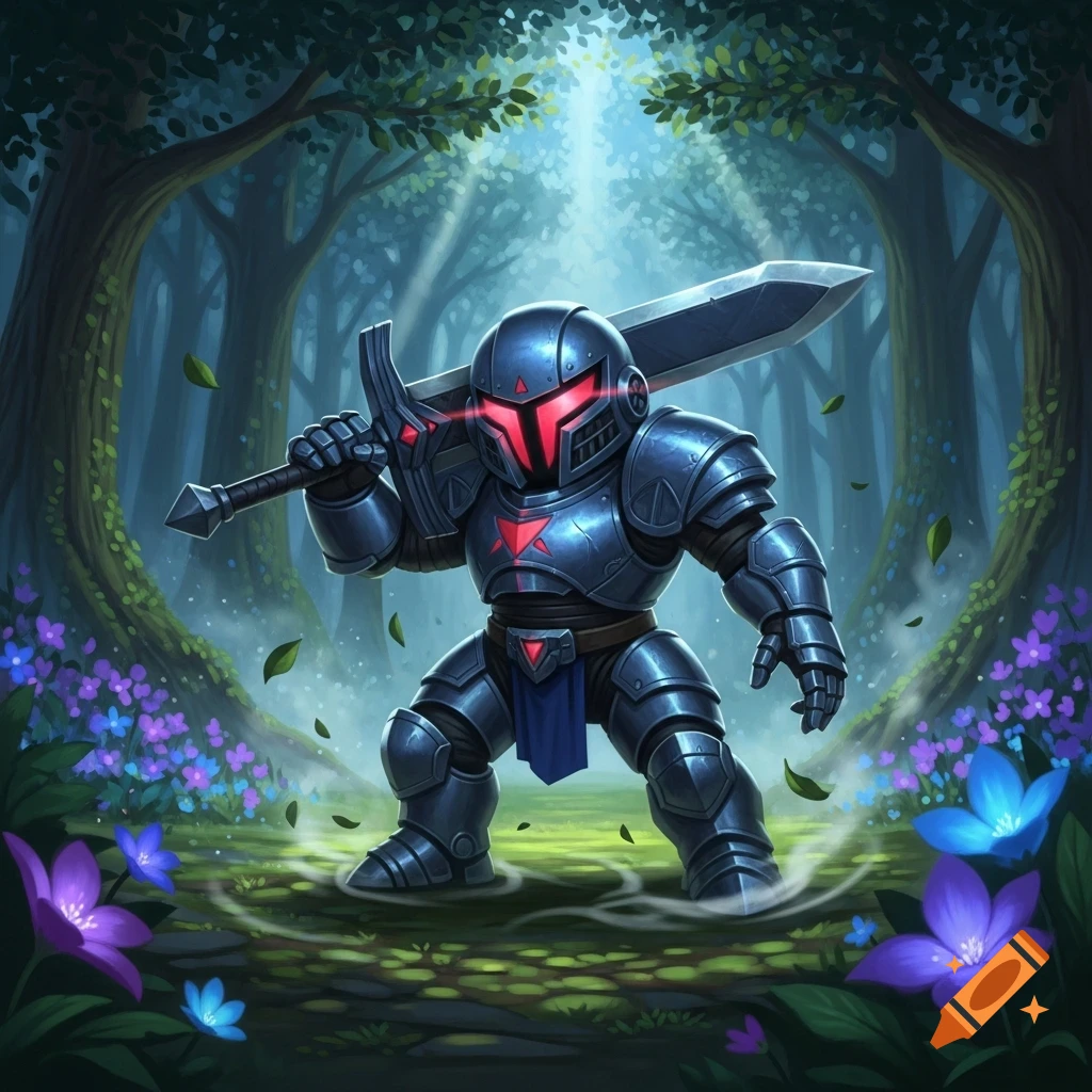 A cartoon armored knight character with glowing red eyes and a large sword stands in a magical forest with glowing flowers.