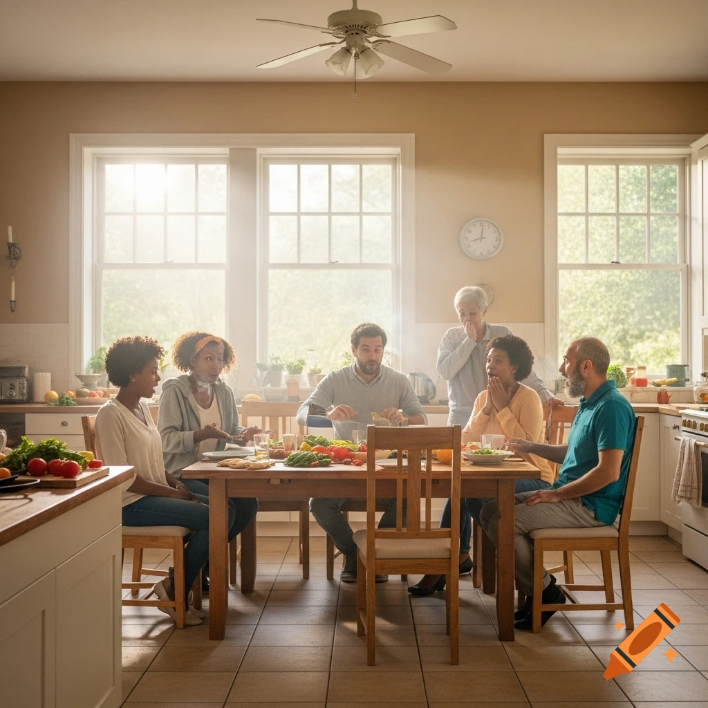 A diverse group of adults reacts to a bad smell around a kitchen table laden with food, bright light from windows.