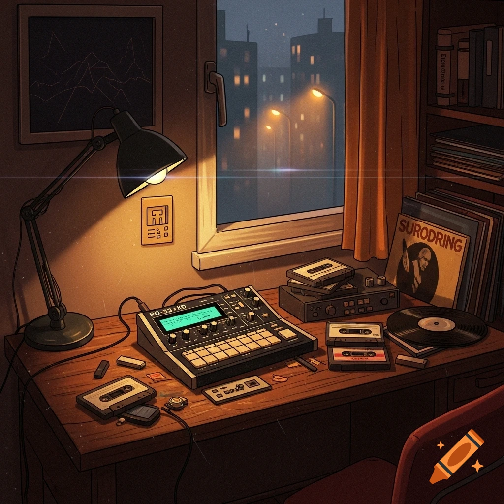 An urban night scene with a vintage sampler, cassette tapes, and vinyl records on a wooden desk by a window looking out at a foggy cityscape. Styled with warm, muted colors and subtle lens flares.