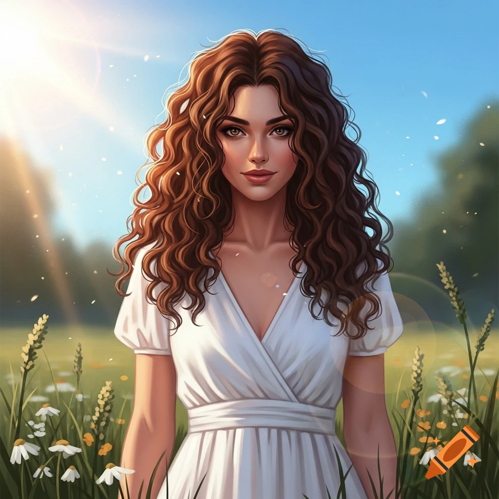 Stylized illustration of a woman with long curly brown hair and a white ...