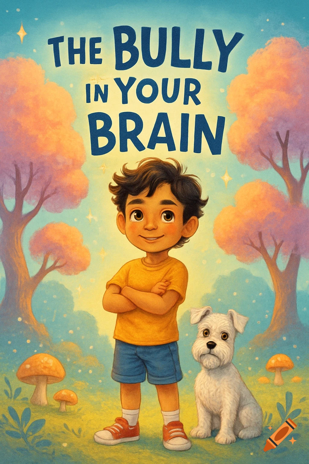 Children's book illustration: A smiling boy with dark wavy hair and a white Schnauzer dog in a whimsical forest with orange trees. Title 'The Bully in Your Brain'.