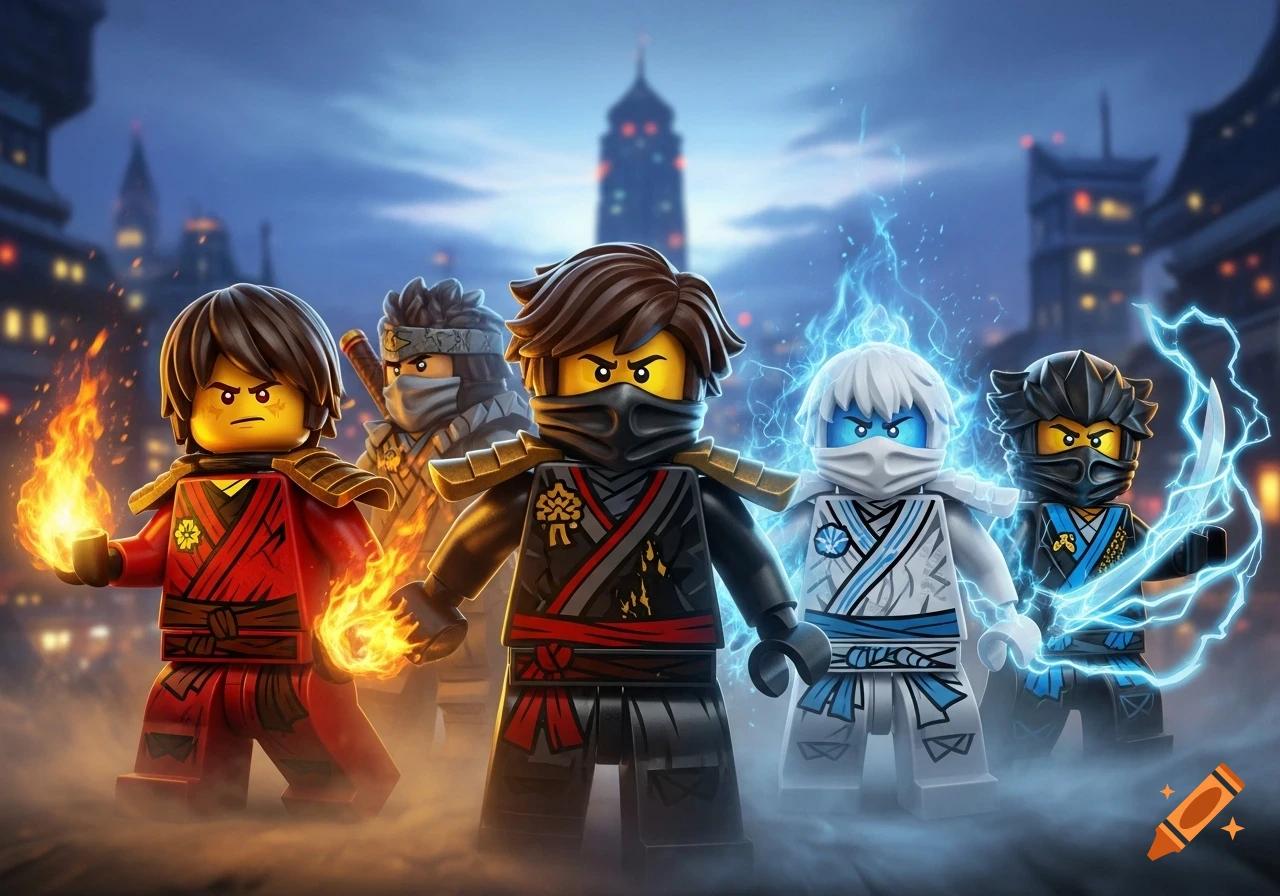 Five Lego Ninjago ninja characters with elemental powers, like fire and lightning, stand ready in a stylized city at dusk.