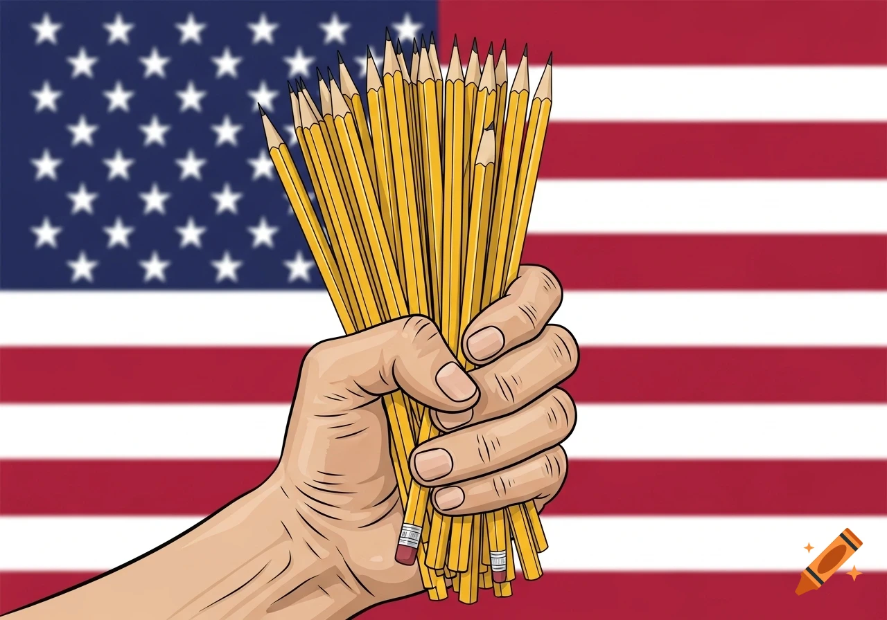 An illustrated hand tightly grips a bundle of yellow sharpened pencils against a blurred American flag background.