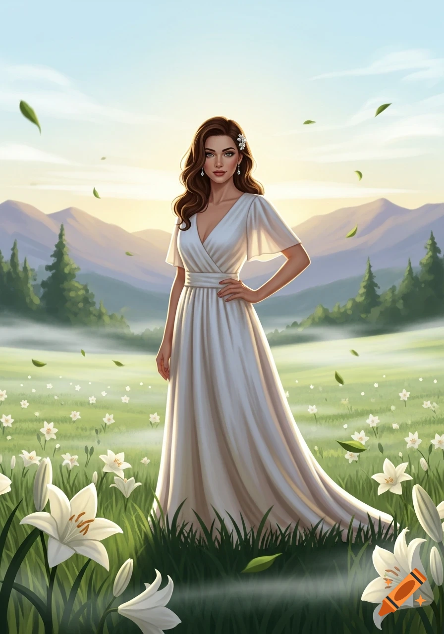 An elegant woman with long brown hair in a white dress stands in a ...