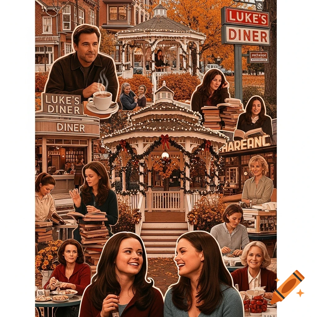 A collage featuring various characters and scenes from Gilmore Girls, with Luke's Diner and a decorated gazebo, in an autumnal setting.
