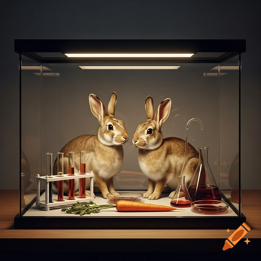 Two realistic rabbits in a glass enclosure with scientific lab equipment and a carrot, photorealistic.