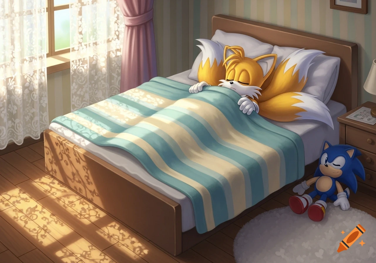 Tails from Sonic the Hedgehog sleeps under a striped blanket in a sunlit bedroom. A Sonic plushie is on the floor.