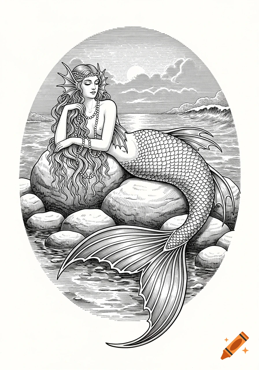 Black and white vintage engraving of a mermaid with long wavy hair and pearls, lying on rocks in the ocean.