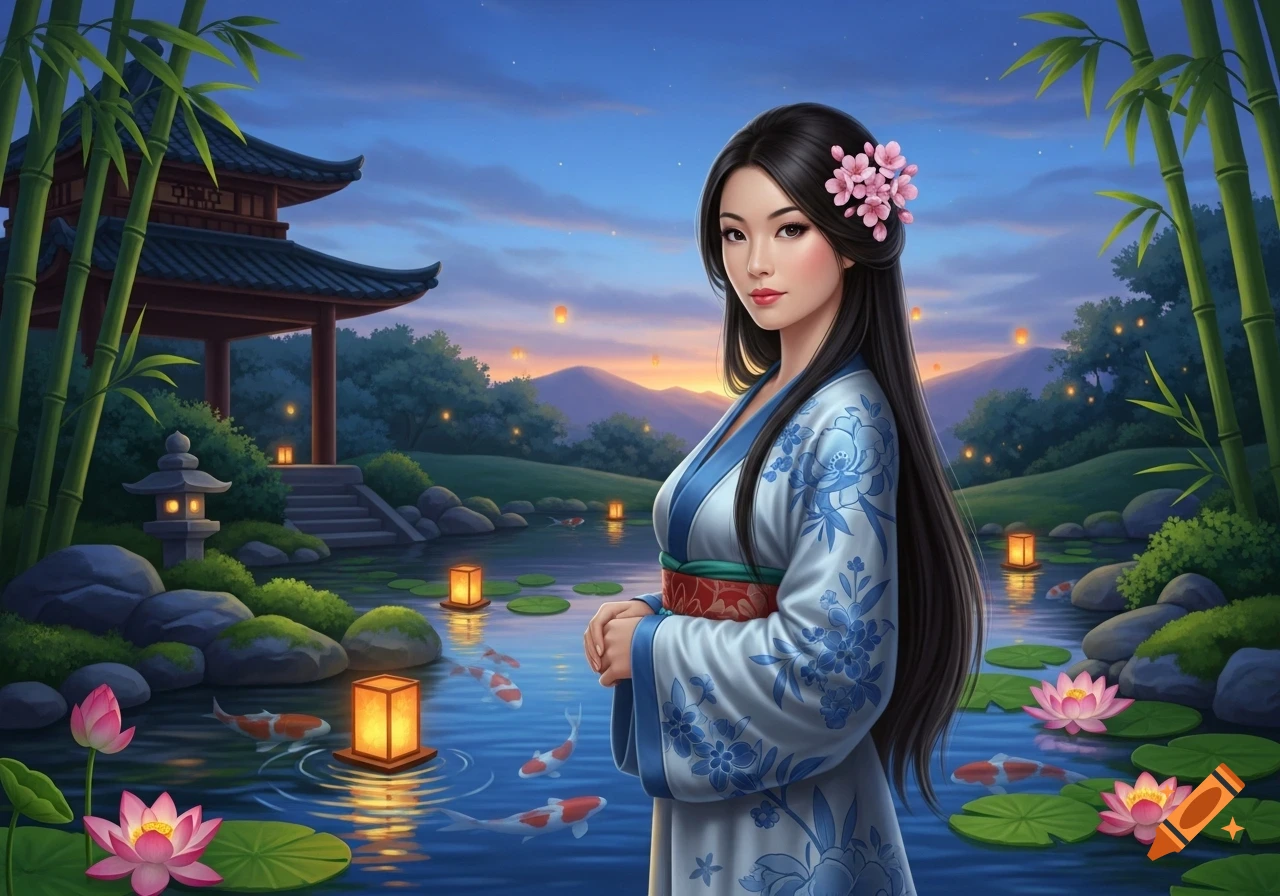 Stylized illustration of an Asian woman in a blue kimono, with flowers in her hair, by a pond with koi and lanterns in a Japanese garden at twilight.