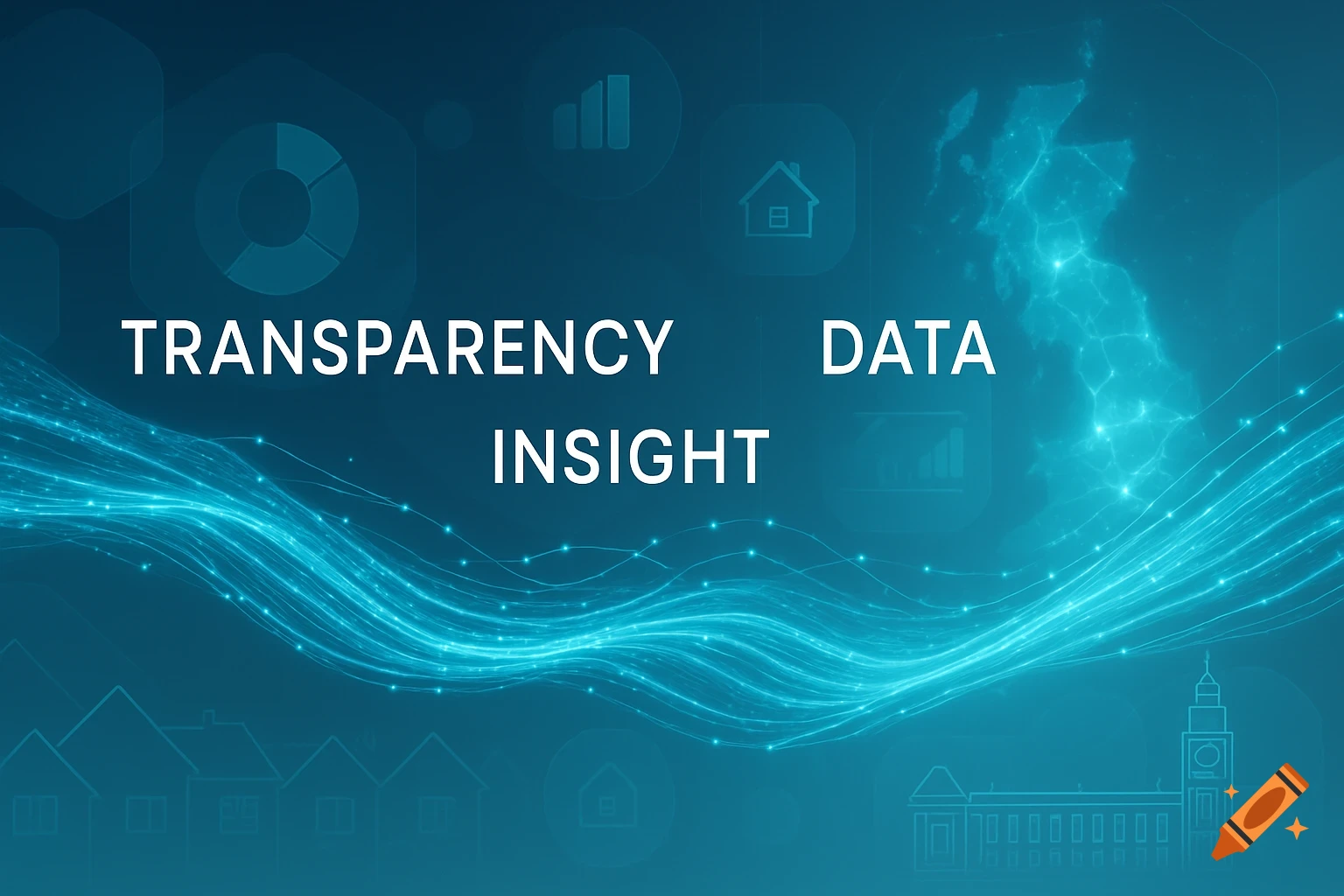 Modern digital graphic with glowing blue data streams, an abstract map of the UK, outlines of buildings, and the words 'TRANSPARENCY DATA INSIGHT'.