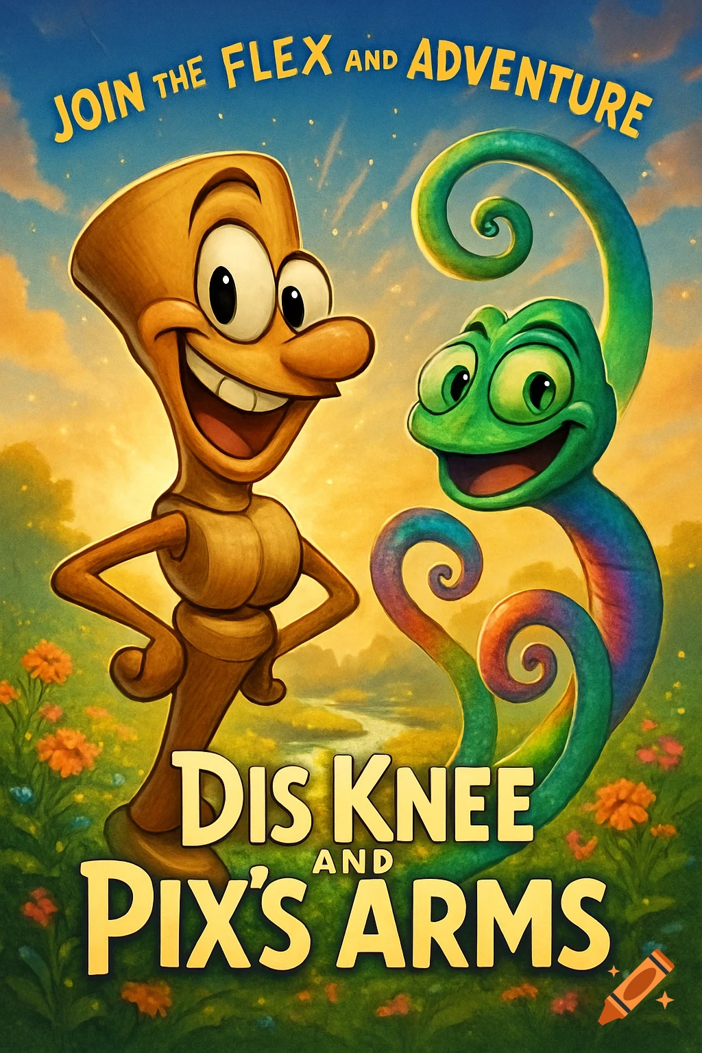 A vibrant cartoon movie poster of a grinning wooden character and a colorful chameleon in a flower-filled landscape, titled 'Dis KNEE and PIX'S ARMS'.